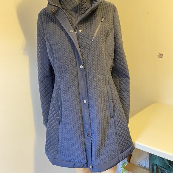 Liverpool Jacket Winter Trench Coat Quilted Hooded MidnightBlue Zip Snap Women L - Picture 6 of 10
